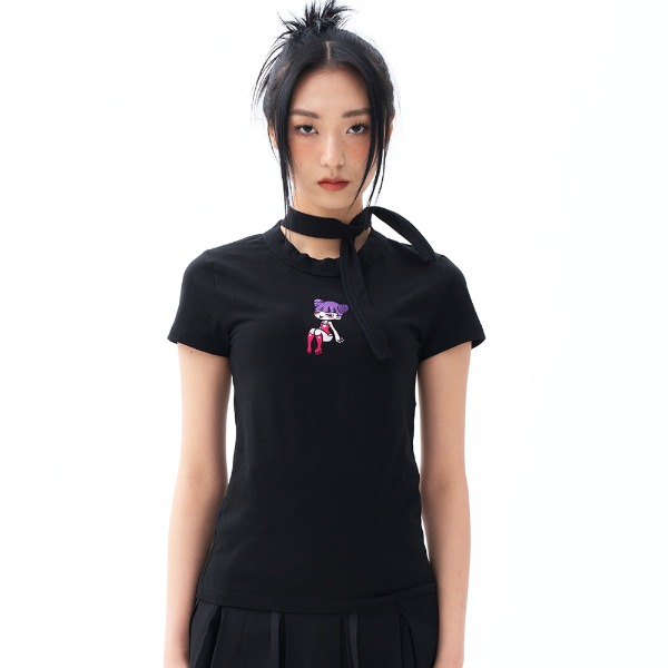 minute back ribbon girl slim T-shirt -Black